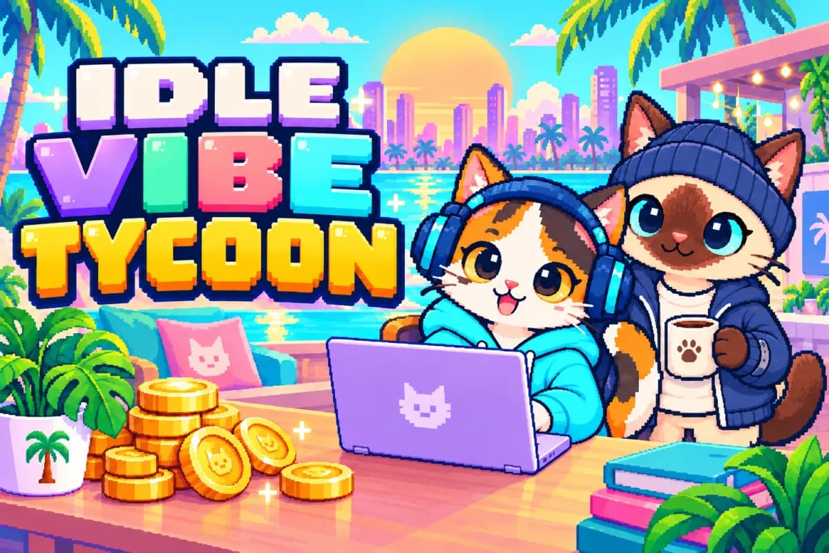 Idle Vibe Tycoon key art: two pixel-art cats at a laptop in a beach office