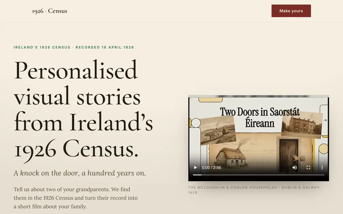 Ireland 1926 Census, personalised visual family stories from the census record.
