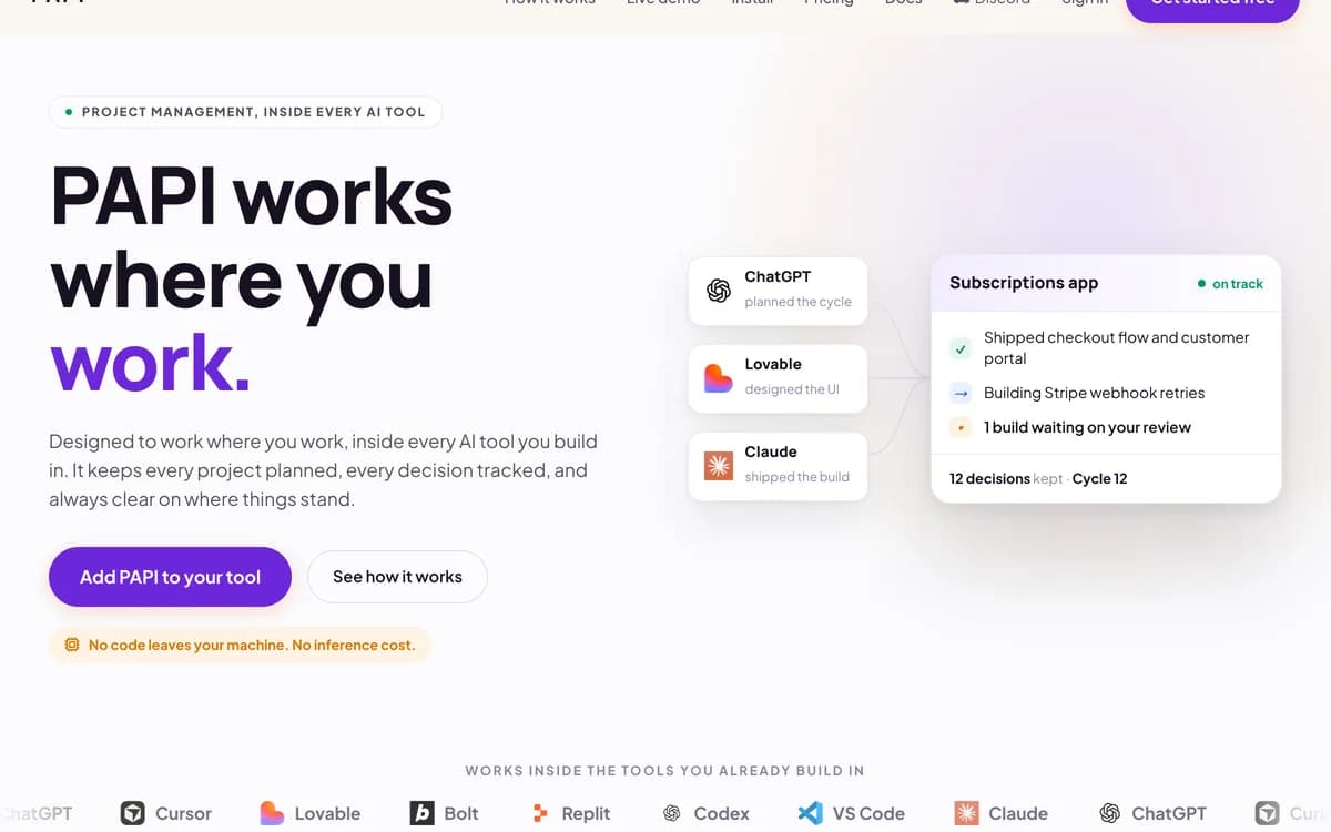 PAPI landing page, 'Stop re-explaining your project to your AI', with the product interface alongside.